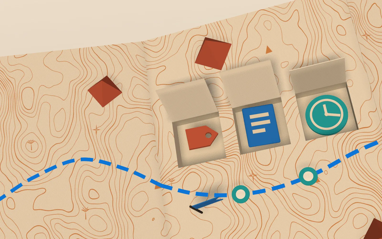 Detalhe do mapa de papel com três janelas abertas mostrando uma etiqueta terracota, um documento azul e um relógio turquesa.