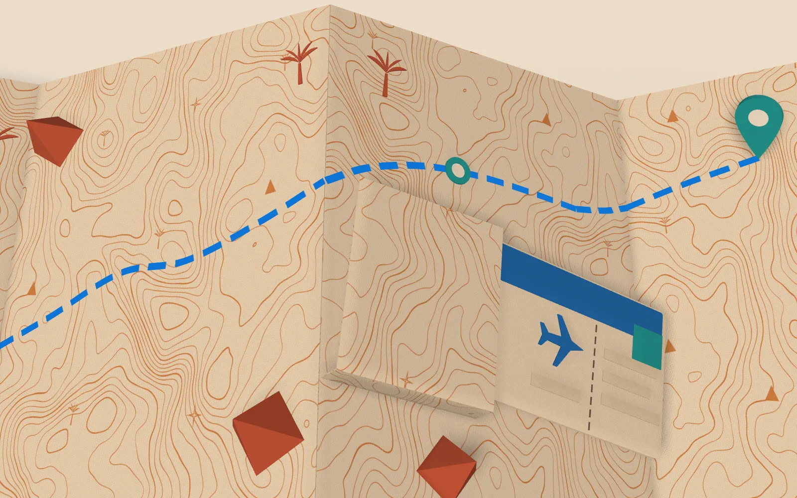 Últimas dobras do mapa de papel com a rota chegando a um marcador turquesa e um cartão de embarque saindo de um bolso.