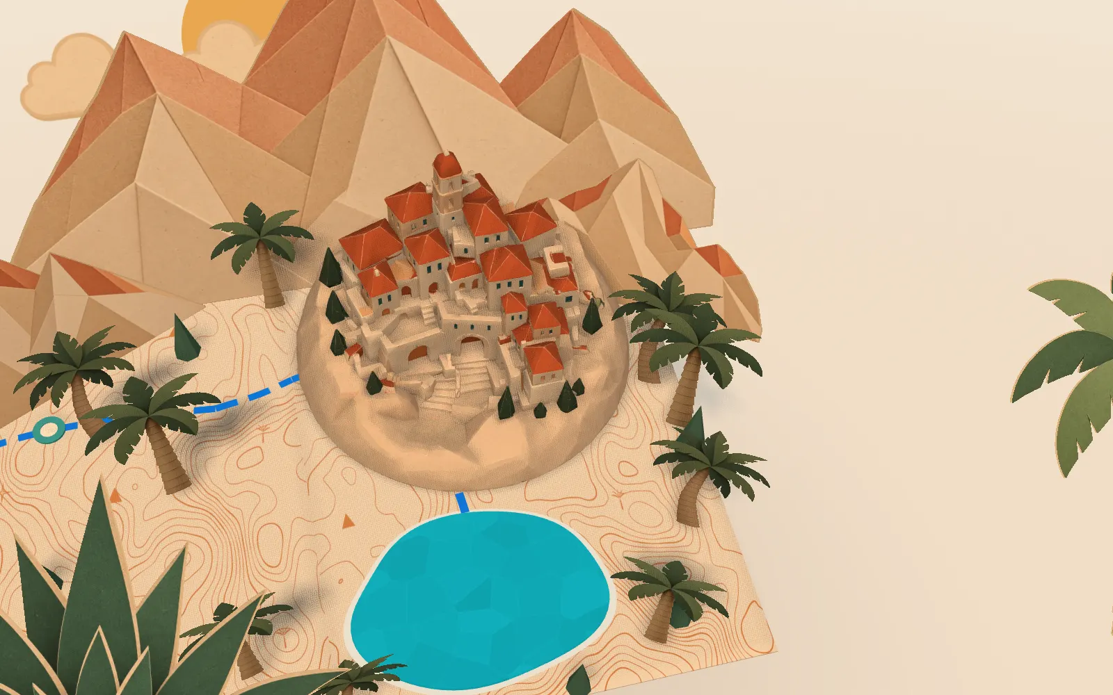 Vila de papel com telhados terracota, lago turquesa, montanhas dobradas, palmeiras e sol laranja emergindo do mapa aberto.